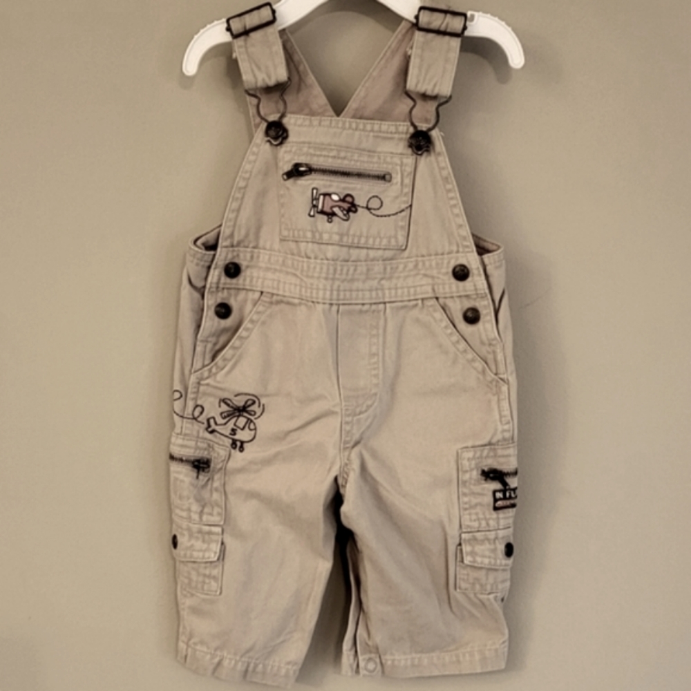 Miniwear tan overalls with embroidered airplane detail